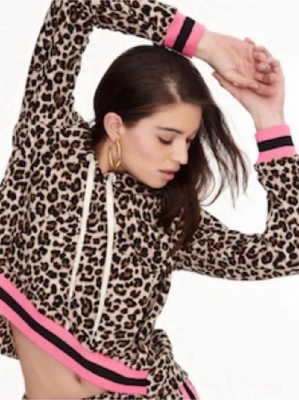 VERONICA BEARD x BANDIER $175 XL Leopard Print Hoodie Pink/Black Stripe Accents